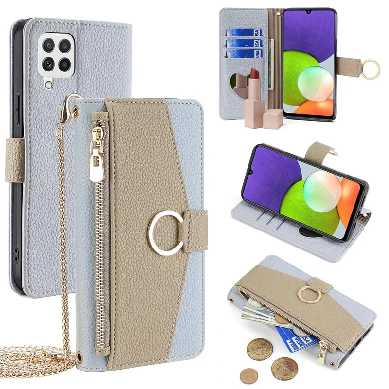 Pour Samsung Galaxy A22 4G (Version UE) Étui Portefeuille Fermeture Éclair Stand Cuir PU Housse de Téléphone - Bleu