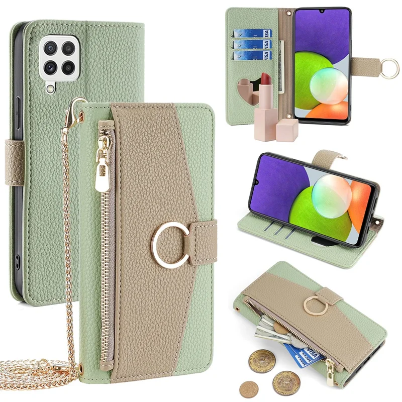For Samsung Galaxy A22 4G (EU Version) Case Zipper Wallet Stand PU Leather Phone Cover - Green