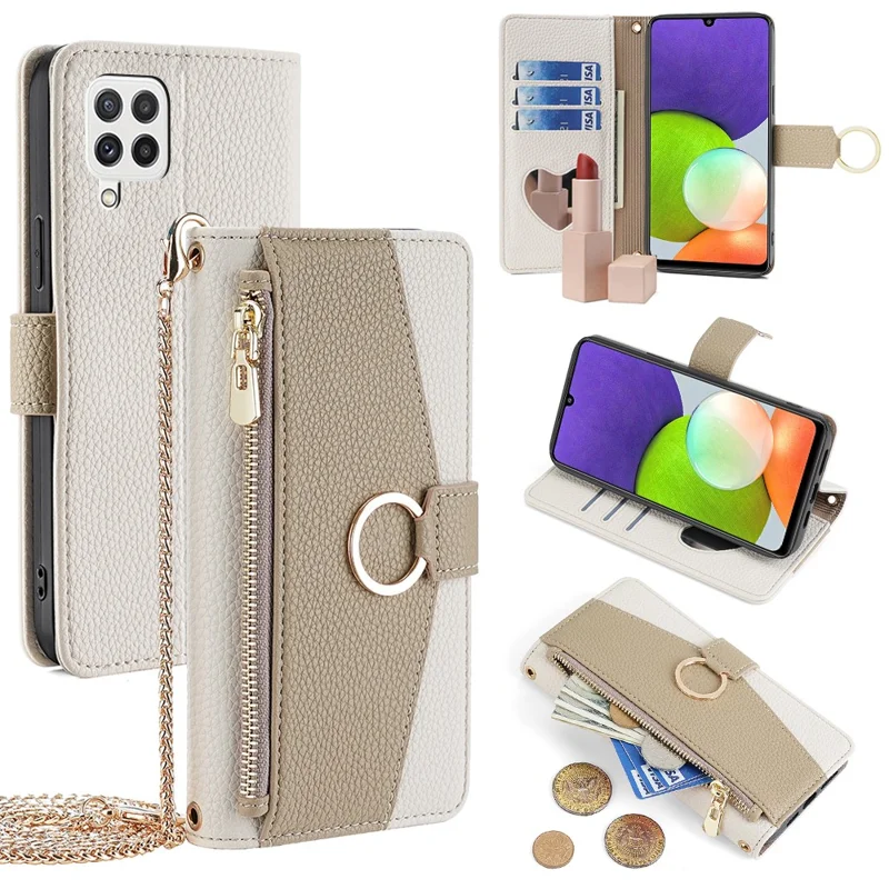 For Samsung Galaxy A22 4G (EU Version) Case Zipper Wallet Stand PU Leather Phone Cover - White