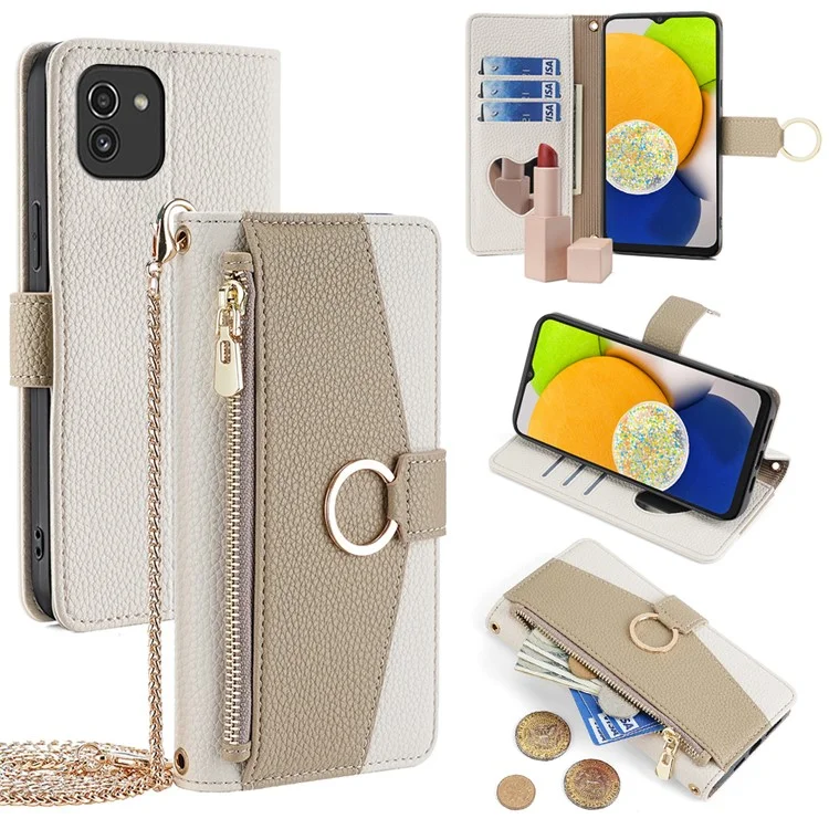 For Samsung Galaxy A03 (166.5 x 75.98 x 9.14mm) Case PU Leather Makeup Mirror Wallet Cover Stand - White