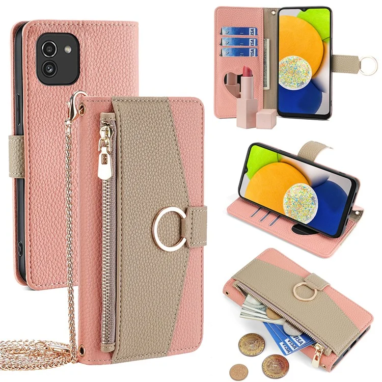 For Samsung Galaxy A03 (166.5 x 75.98 x 9.14mm) Case PU Leather Makeup Mirror Wallet Cover Stand - Pink