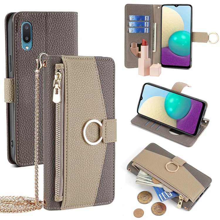 Für Samsung Galaxy A02 Hülle PU-Leder Geldbörse Ständer Frauen Make-up Telefonabdeckung mit Riemen - Grau