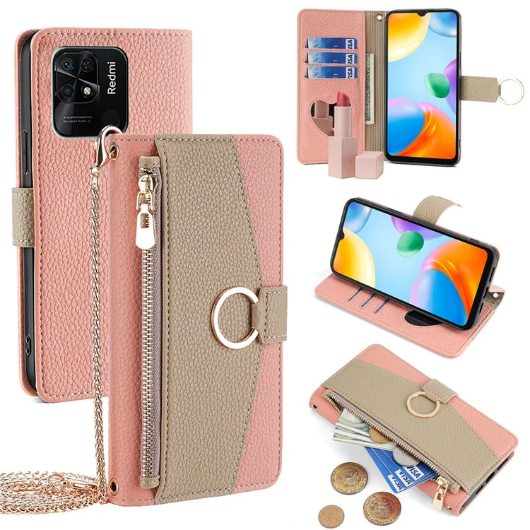 For Xiaomi Redmi 10C 4G Case Leather Makeup Phone Cover Wallet Stand with Long Strap - Pink