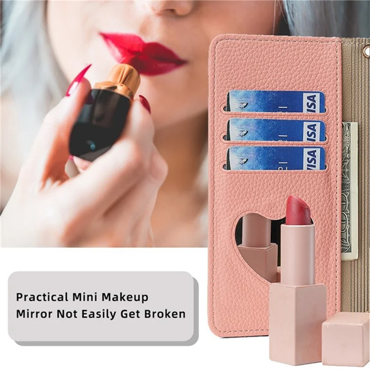 For Xiaomi Redmi 10C 4G Case Leather Makeup Phone Cover Wallet Stand with Long Strap - Pink