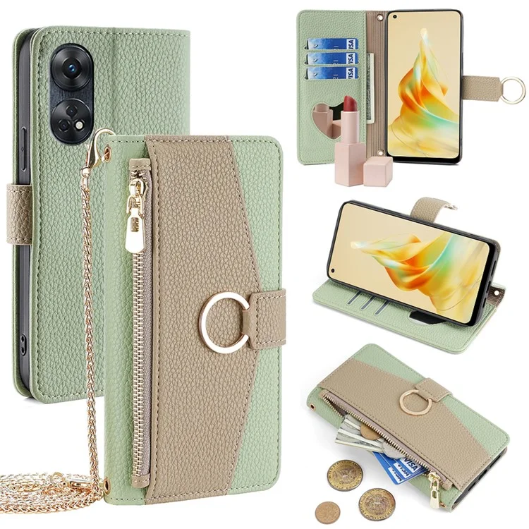 Para Oppo Reno8 T 4G Case Leather Zipper Wallet Mirror Phone Cover com Alça de Ombro - Verde