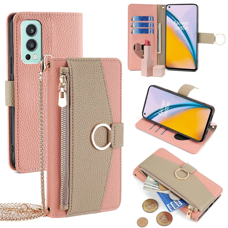 For OnePlus Nord 2 5G Leather Case Phone Bag Cover Wallet Stand with Mirror and Chain Strap - Pink