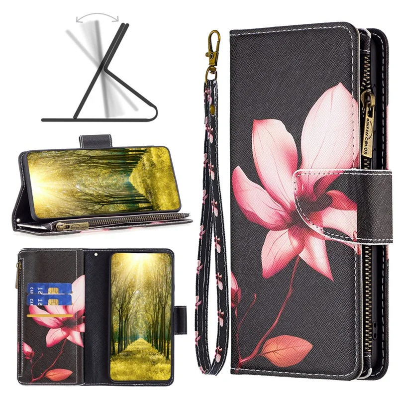 BF03 For Xiaomi Redmi Note 13 Pro 4G / Poco M6 Pro 4G Pattern Case Zipper PU Leather Phone Cover - Lotus