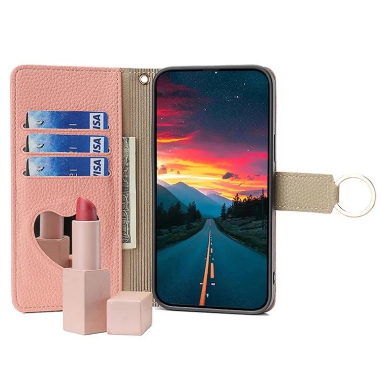 For OnePlus 9 Pro 5G Case Leather Phone Bag Cover Zipper Wallet Stand with Mirror Strap - Pink