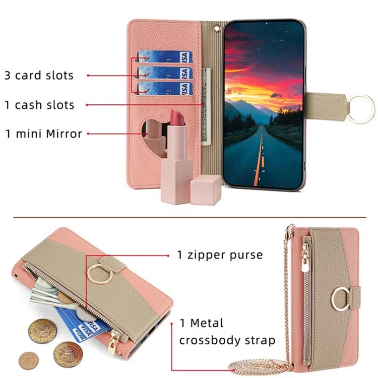 For OnePlus 9 Pro 5G Case Leather Phone Bag Cover Zipper Wallet Stand with Mirror Strap - Pink