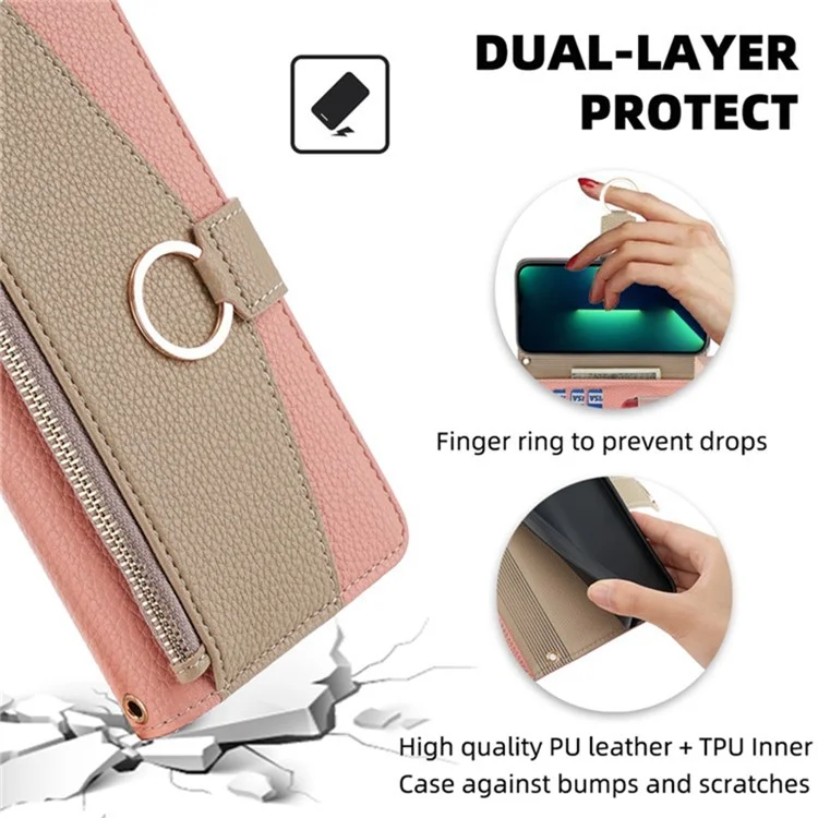 For OnePlus 9 Pro 5G Case Leather Phone Bag Cover Zipper Wallet Stand with Mirror Strap - Pink