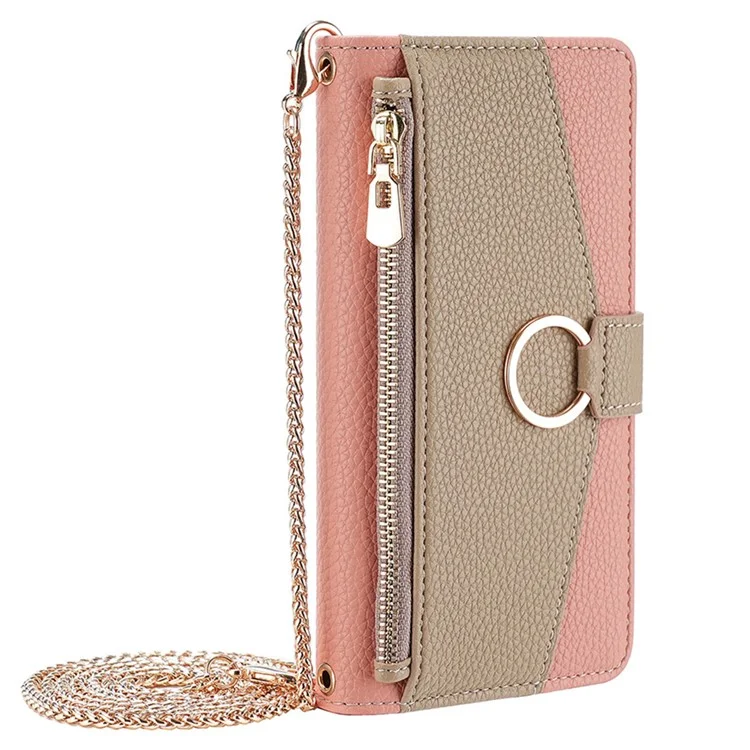 For OnePlus 9 Pro 5G Case Leather Phone Bag Cover Zipper Wallet Stand with Mirror Strap - Pink