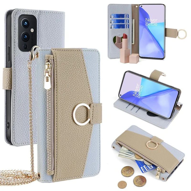 For OnePlus 9 (EU  /  US Version) Case with Strap Leather Phone Cover Zipper Wallet Card Bag - Blue