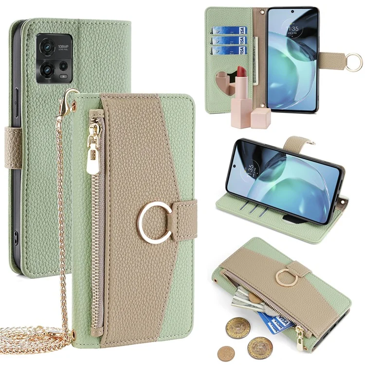 For Motorola Moto G72 4G Case Leather Phone Cover Stand Zipper Wallet Card Bag with Chain Strap - Green