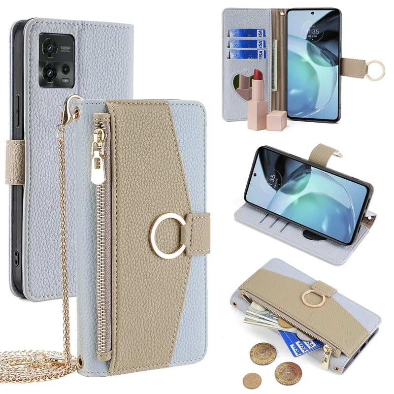 For Motorola Moto G72 4G Case Leather Phone Cover Stand Zipper Wallet Card Bag with Chain Strap - Blue