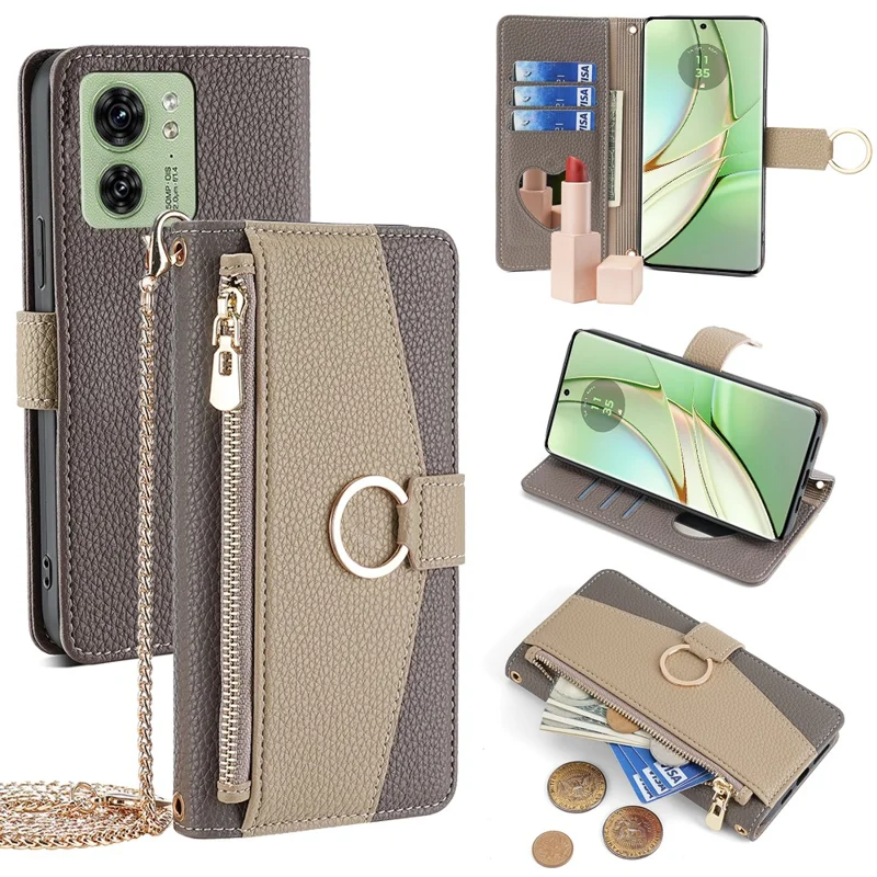 For Motorola Edge 40 5G Leather Case with Chain Strap Zipper Wallet Stand Phone Bag Cover - Grey