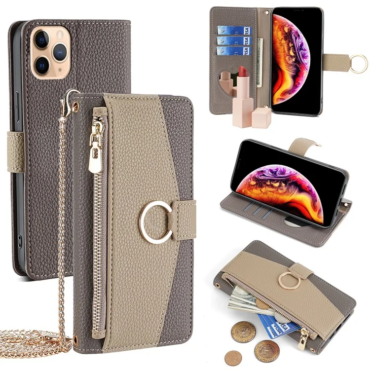 Pour iPhone 11 Pro Max Étui en cuir PU Étui de téléphone avec support Étui avec porte-cartes avec bandoulière - Gris