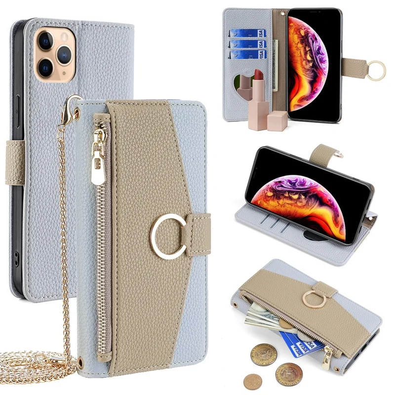 For iPhone 11 Pro Max Case PU Leather Phone Stand Cover Card Bag with Chain Strap - Blue