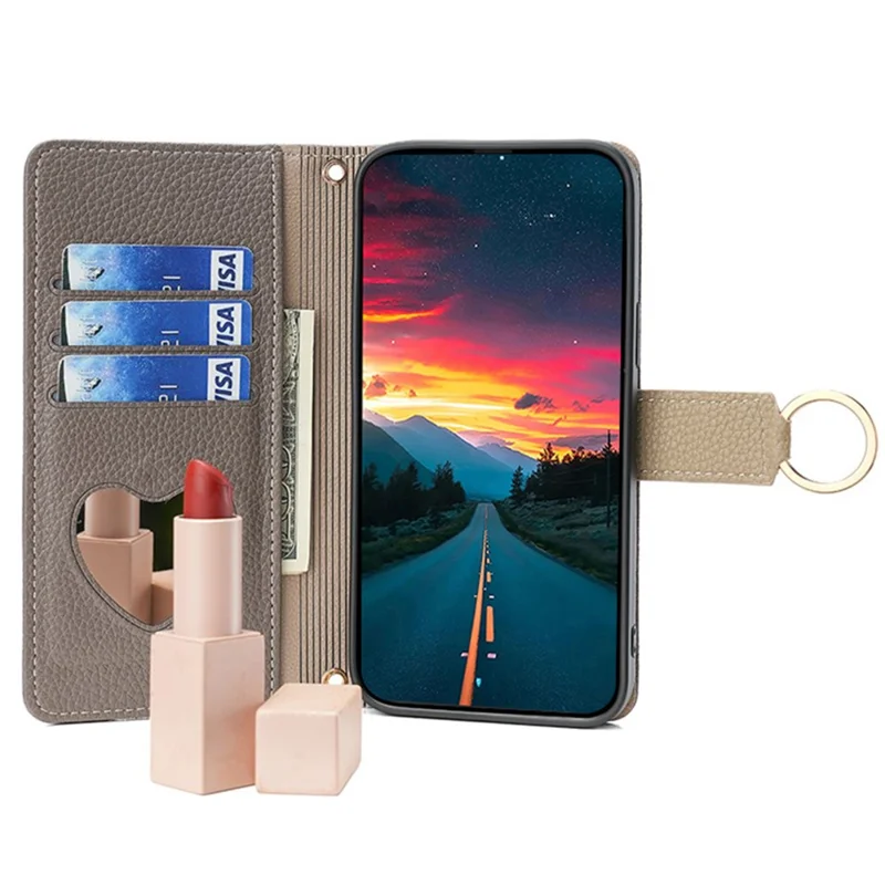 For iPhone XR Case PU Leather Phone Cover Wallet Makeup Mirror with Shoulder Strap - Grey