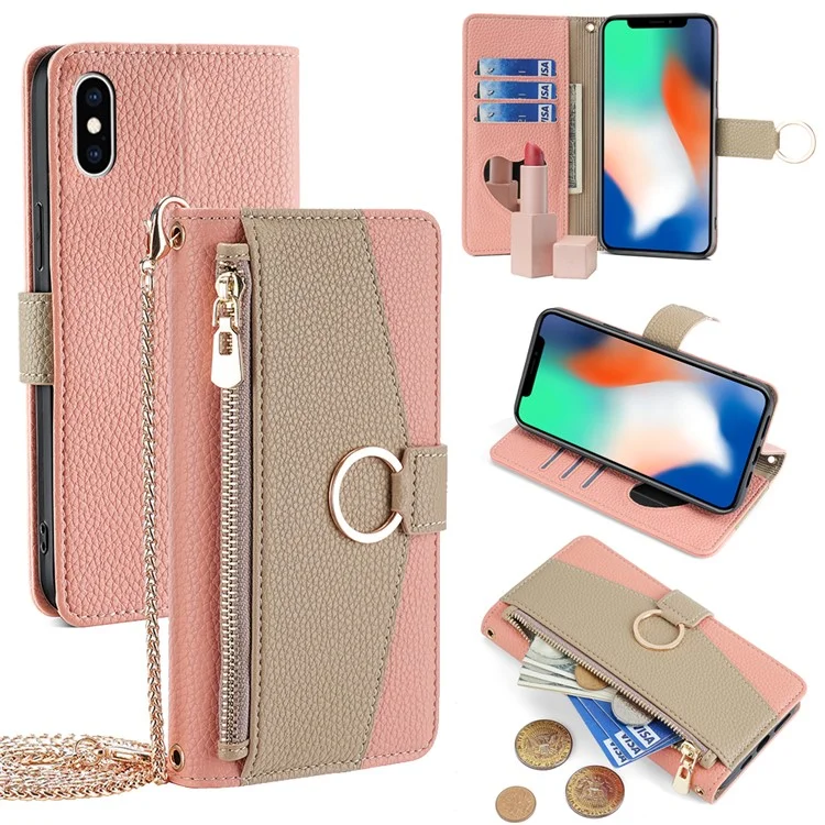 For iPhone X  /  XS Leather Case Phone Cover Wallet Card Bag with Mirror and Shoulder Strap - Pink