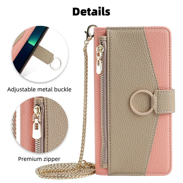 For iPhone X  /  XS Leather Case Phone Cover Wallet Card Bag with Mirror and Shoulder Strap - Pink