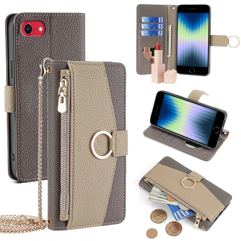 For iPhone 7  /  8  /  SE (2022)  /  SE (2020) Case PU Leather Zipper Wallet Phone Bag Cover Stand - Grey