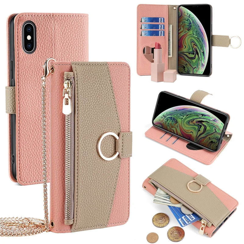 For iPhone XS Max Leather Case Wallet Phone Bag Cover Stand with Chain Strap - Grey - Pink