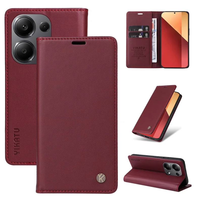 YIKATU YK-001 For Xiaomi Redmi Note 13 Pro 4G / Note 14S 4G / Poco M6 Pro 4G Case Magnetic Absorption PU Leather Cover - Wine Red
