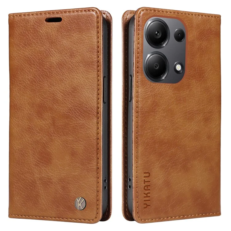 YIKATU YK-006 Para Xiaomi Redmi Note 13 Pro 4G / Poco M6 Pro 4G Funda Flip Cartera Cubierta del Teléfono Textura Litchi - Marrón
