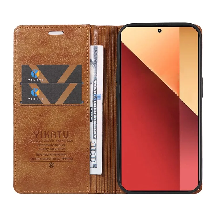 YIKATU YK-006 Para Xiaomi Redmi Note 13 Pro 4G / Poco M6 Pro 4G Funda Flip Cartera Cubierta del Teléfono Textura Litchi - Marrón