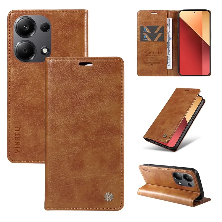 YIKATU YK-006 Para Xiaomi Redmi Note 13 Pro 4G / Poco M6 Pro 4G Funda Flip Cartera Cubierta del Teléfono Textura Litchi - Marrón