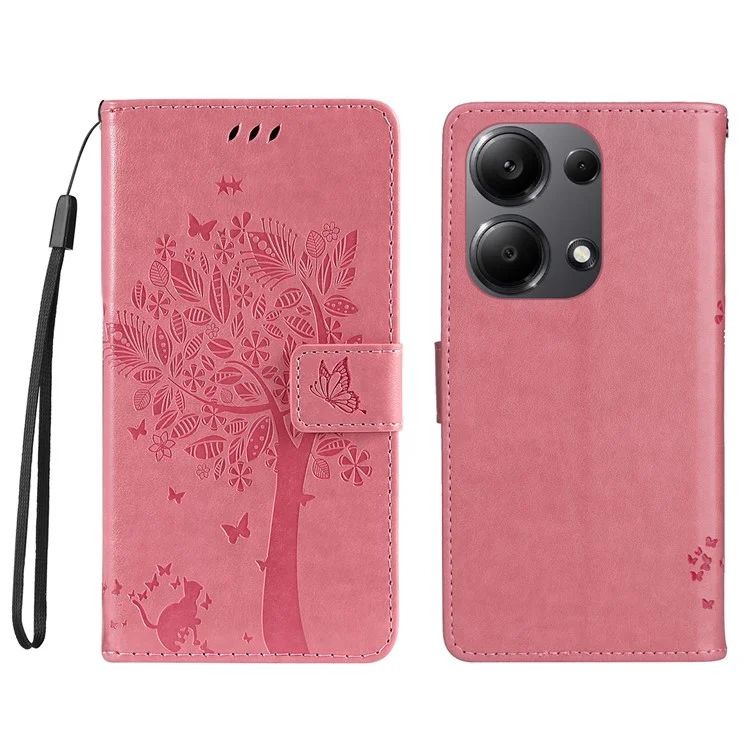 For Xiaomi Redmi Note 13 Pro 4G / Note 14S 4G / Poco M6 Pro 4G Phone Case with Stand Cat Tree Pattern Leather Wallet Mobile Cover - Pink