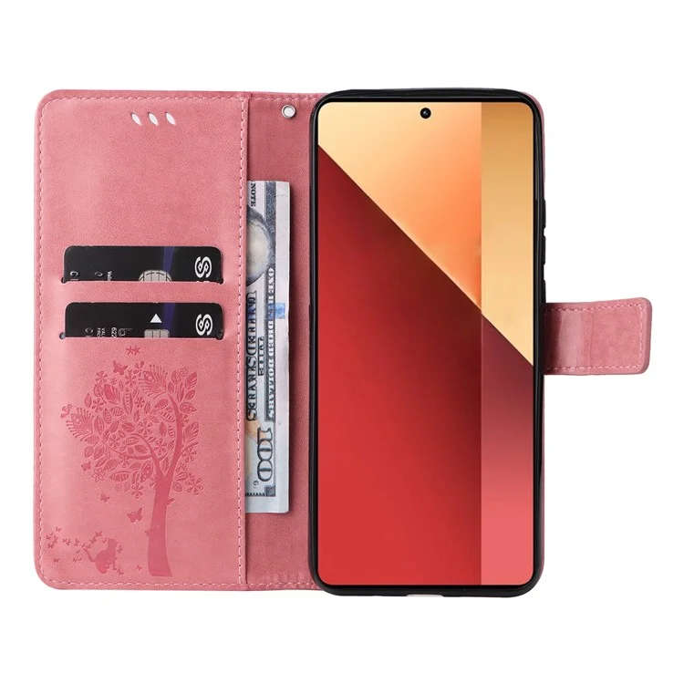 For Xiaomi Redmi Note 13 Pro 4G / Note 14S 4G / Poco M6 Pro 4G Phone Case with Stand Cat Tree Pattern Leather Wallet Mobile Cover - Pink