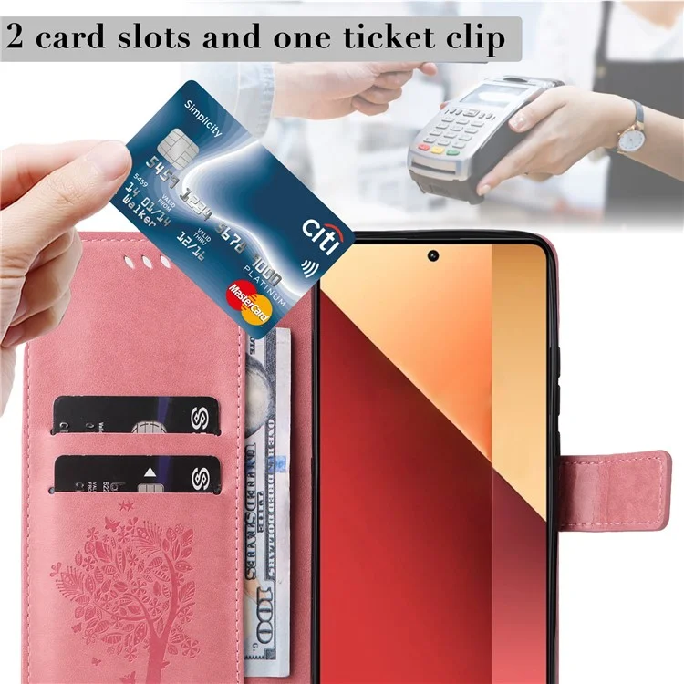 For Xiaomi Redmi Note 13 Pro 4G / Note 14S 4G / Poco M6 Pro 4G Phone Case with Stand Cat Tree Pattern Leather Wallet Mobile Cover - Pink