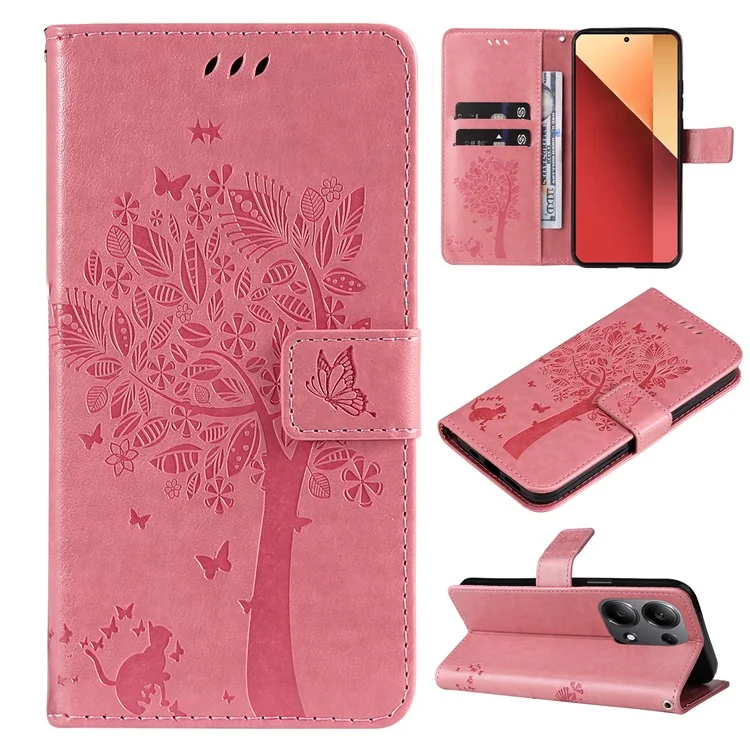 For Xiaomi Redmi Note 13 Pro 4G / Note 14S 4G / Poco M6 Pro 4G Phone Case with Stand Cat Tree Pattern Leather Wallet Mobile Cover - Pink