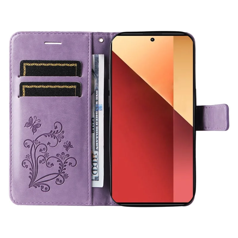 For Xiaomi Redmi Note 13 Pro 4G / Note 14S 4G / Poco M6 Pro 4G Wallet Case Floral Butterfly Imprinted Leather Phone Cover Stand - Purple