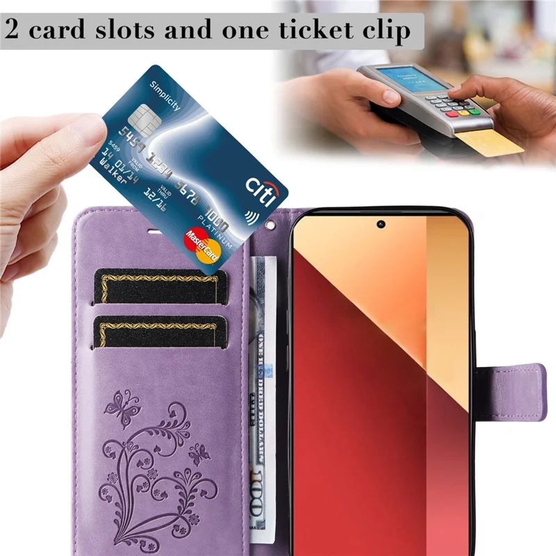 For Xiaomi Redmi Note 13 Pro 4G / Note 14S 4G / Poco M6 Pro 4G Wallet Case Floral Butterfly Imprinted Leather Phone Cover Stand - Purple