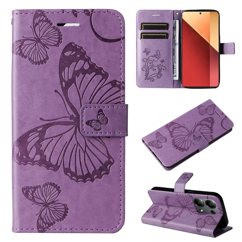 For Xiaomi Redmi Note 13 Pro 4G / Note 14S 4G / Poco M6 Pro 4G Wallet Case Floral Butterfly Imprinted Leather Phone Cover Stand - Purple