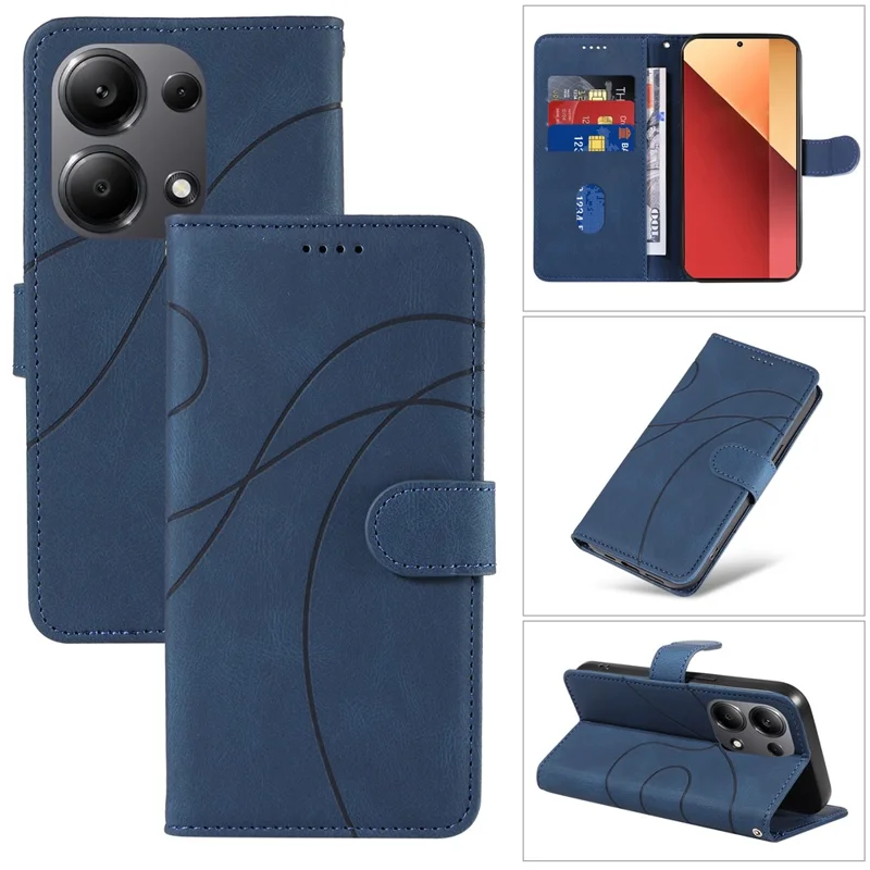 For Xiaomi Redmi Note 13 Pro 4G / Note 14S 4G / Poco M6 Pro 4G Case Imprinted Curved Line Leather Cover - Blue