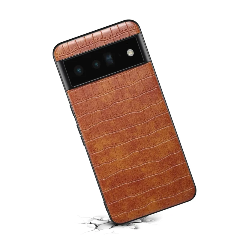 For Google Pixel 6 Pro 5G Cell Phone Cases Crocodile Textured Shockproof Back Shell - Brown