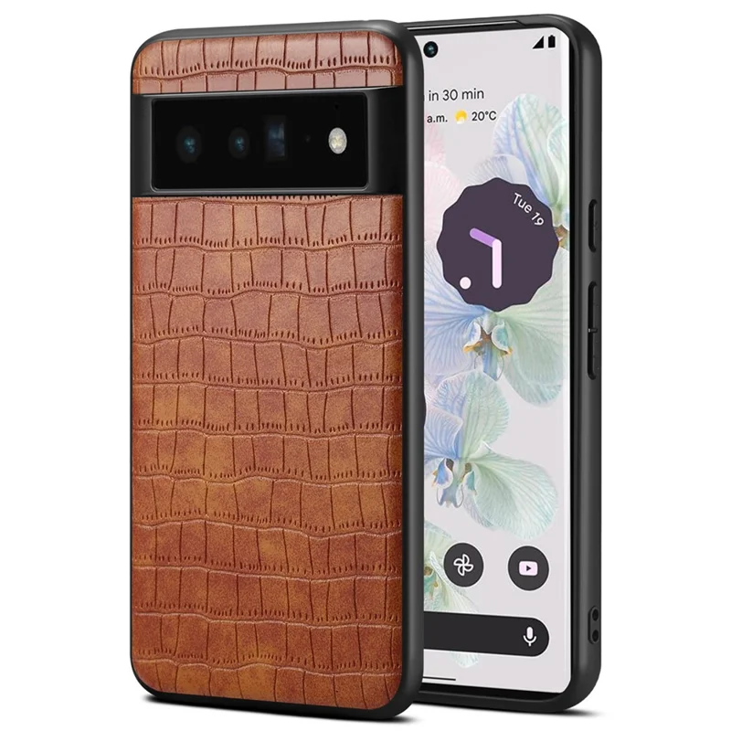 For Google Pixel 6 Pro 5G Cell Phone Cases Crocodile Textured Shockproof Back Shell - Brown