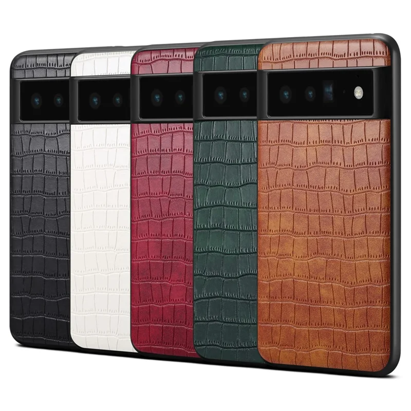 For Google Pixel 6 Pro 5G Cell Phone Cases Crocodile Textured Shockproof Back Shell - Brown