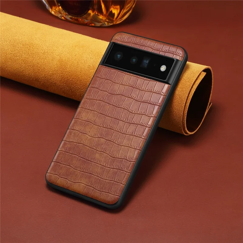 For Google Pixel 6 Pro 5G Cell Phone Cases Crocodile Textured Shockproof Back Shell - Brown