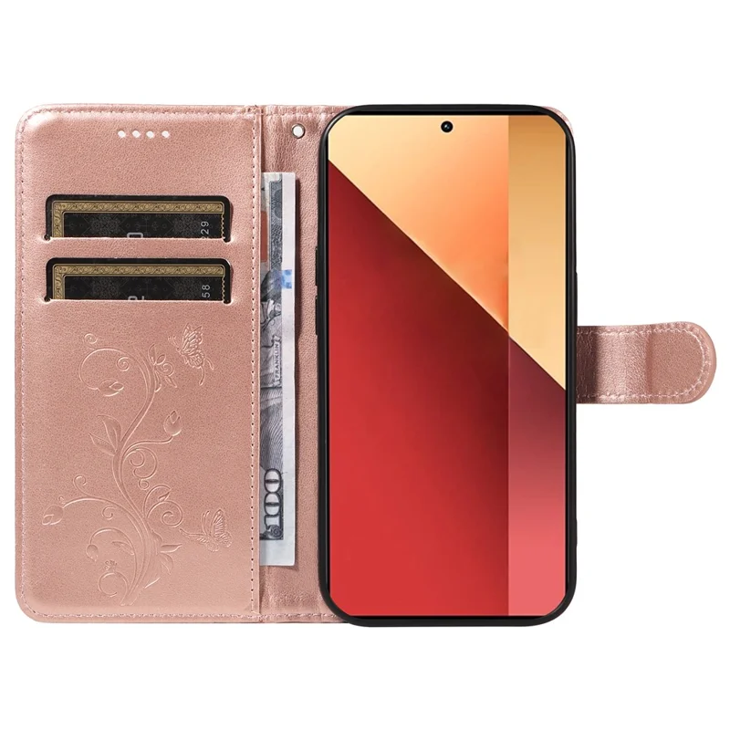 For Xiaomi Redmi Note 13 Pro 4G / Note 14S 4G / Poco M6 Pro 4G PU Leather Cases Flower Pattern Wallet Stand Phone Cover with Strap - Rose Gold