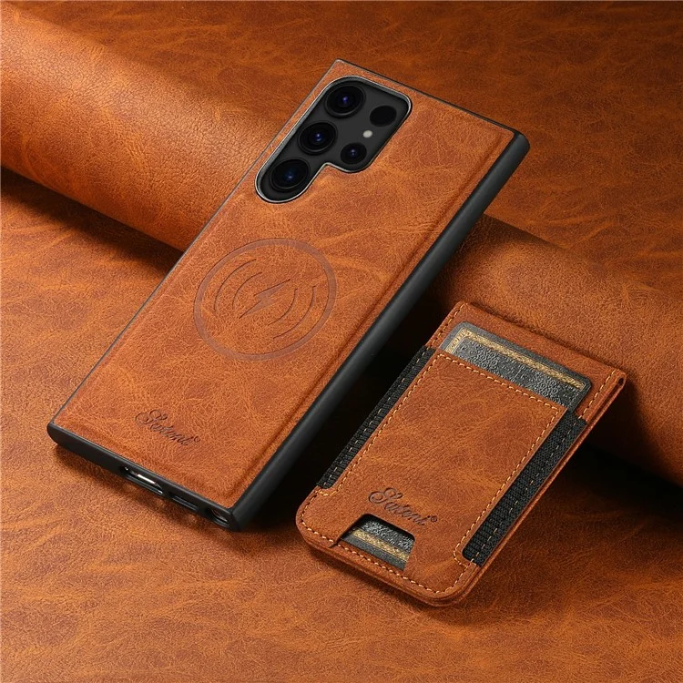SUTENI H17 для Samsung Galaxy S24 Ultra Case Магнитная текстура Litchi Съемные слоты для карт Корпус телефона - Хаки