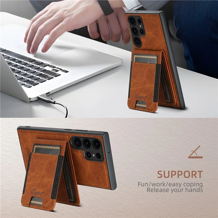 SUTENI H17 для Samsung Galaxy S24 Ultra Case Магнитная текстура Litchi Съемные слоты для карт Корпус телефона - Хаки