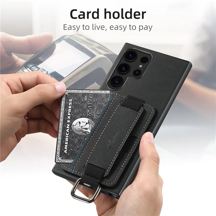 SUTENI H13 Pour Coque Samsung Galaxy S24 Ultra Texture de Litchi Housse de Téléphone avec Support Porte-Carte - Noir