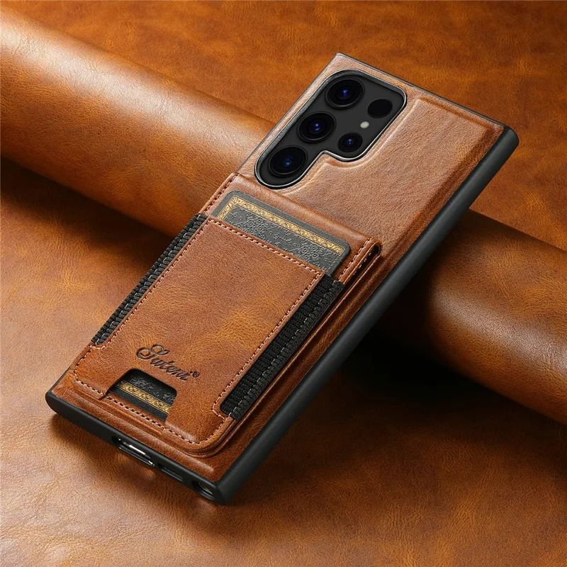 SUTENI H17 For Samsung Galaxy S24 Ultra Magnetic Case Waxy Texture Detachable Card Holder Phone Cover - Brown