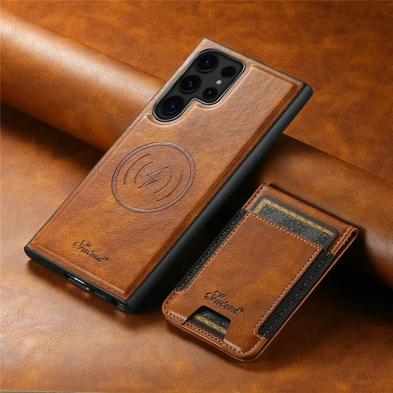 SUTENI H17 For Samsung Galaxy S24 Ultra Magnetic Case Waxy Texture Detachable Card Holder Phone Cover - Brown
