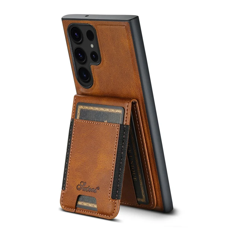 SUTENI H17 For Samsung Galaxy S24 Ultra Magnetic Case Waxy Texture Detachable Card Holder Phone Cover - Brown