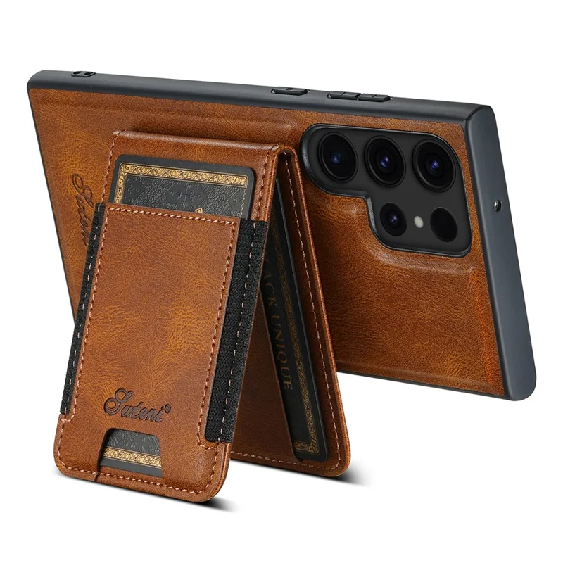 SUTENI H17 For Samsung Galaxy S24 Ultra Magnetic Case Waxy Texture Detachable Card Holder Phone Cover - Brown